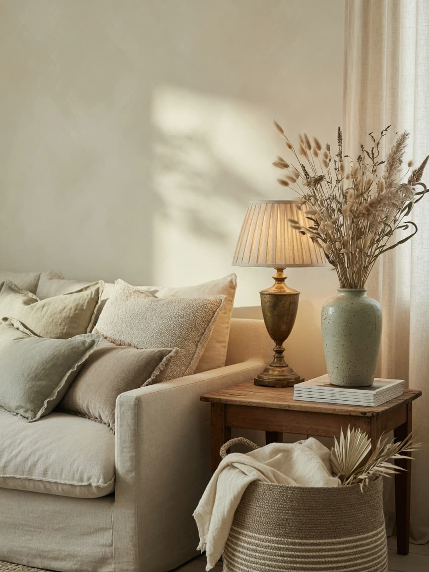 Warm editorial living room with linen textures, soft natural light, and collected neutral styling