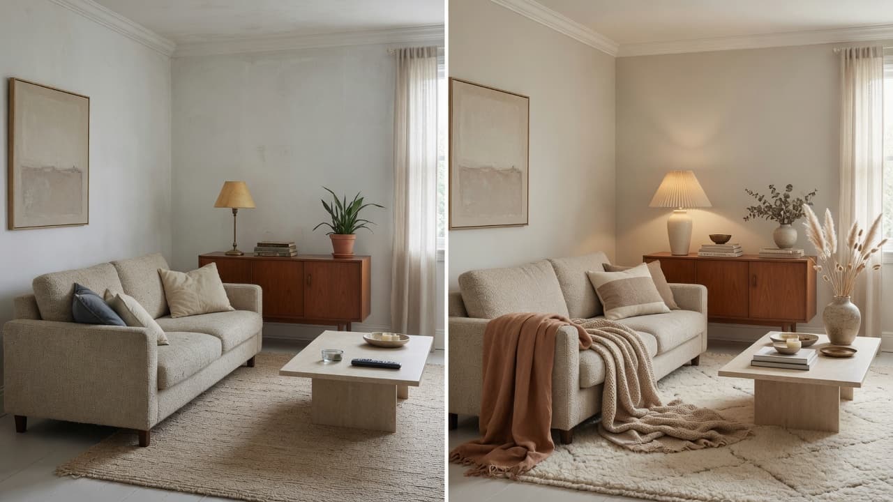 Before and after room painted from flat cool off-white to warm soft greige