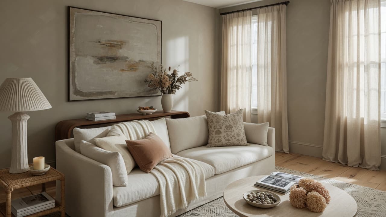 Warm, layered living room with curated home styling
