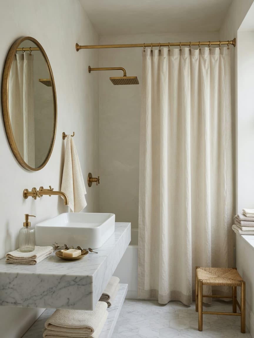Bathroom with soft warm white and pale greige neutrals