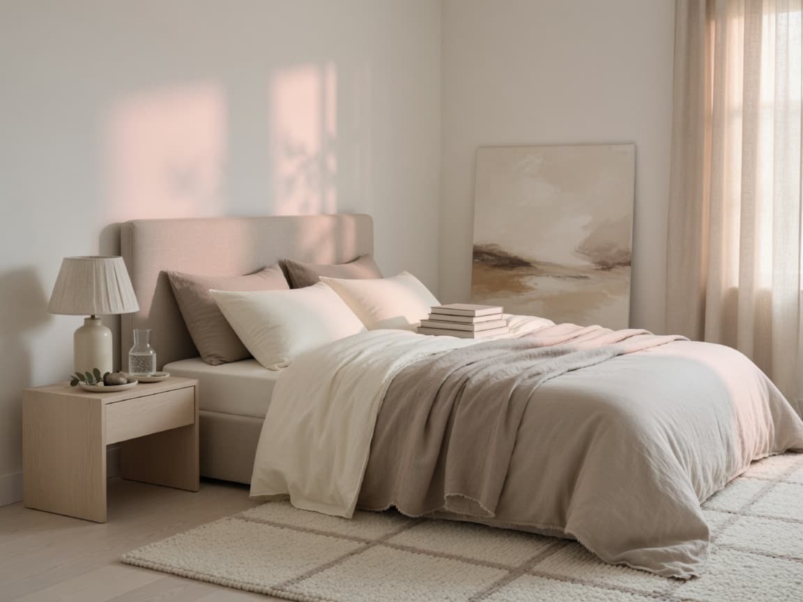 Bedroom in soft warm white and mushroom neutral tones