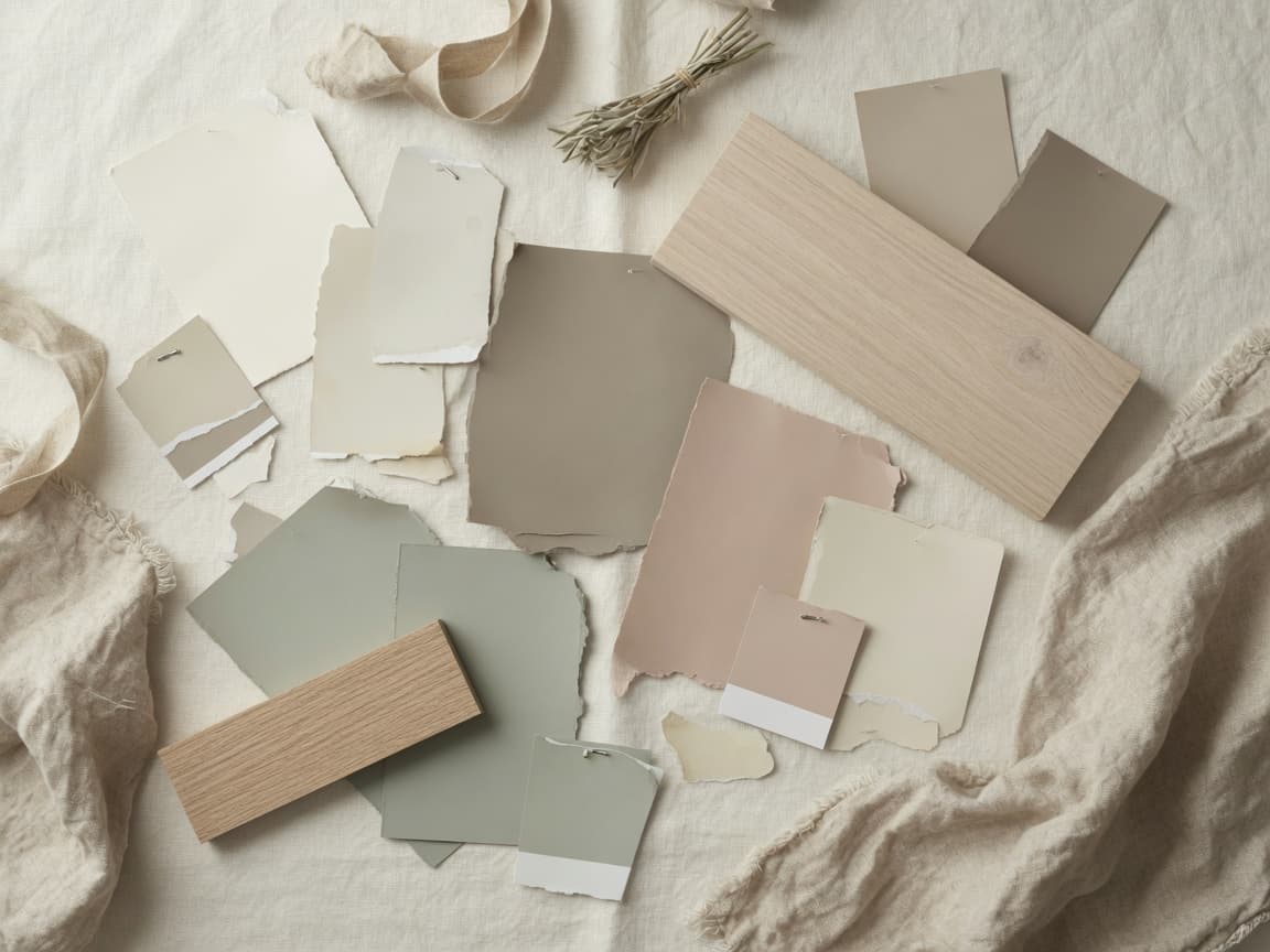 Designer mood board of cream greige taupe and sage neutral samples with linen and wood