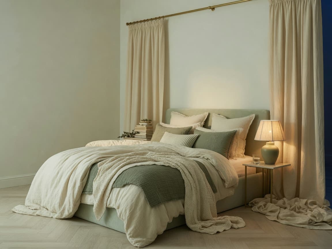 Bedroom with high wide blackout curtains in warm evening light