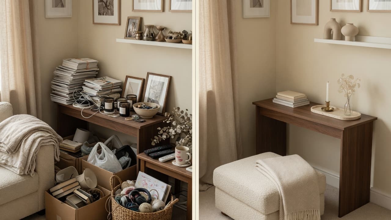 Before and after decluttering transformation of a living room corner