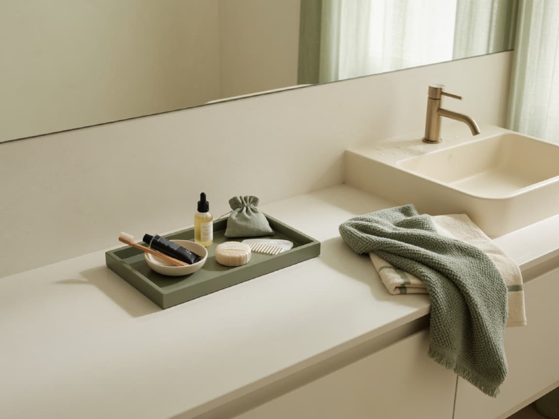 Decluttered bathroom vanity with clear counters and one daily tray
