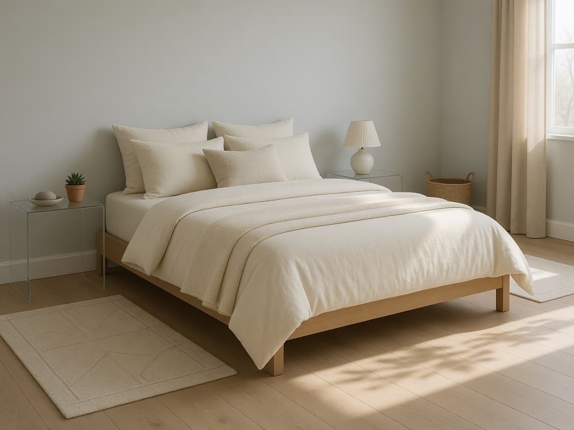 Calm decluttered bedroom with clear nightstands and open floor