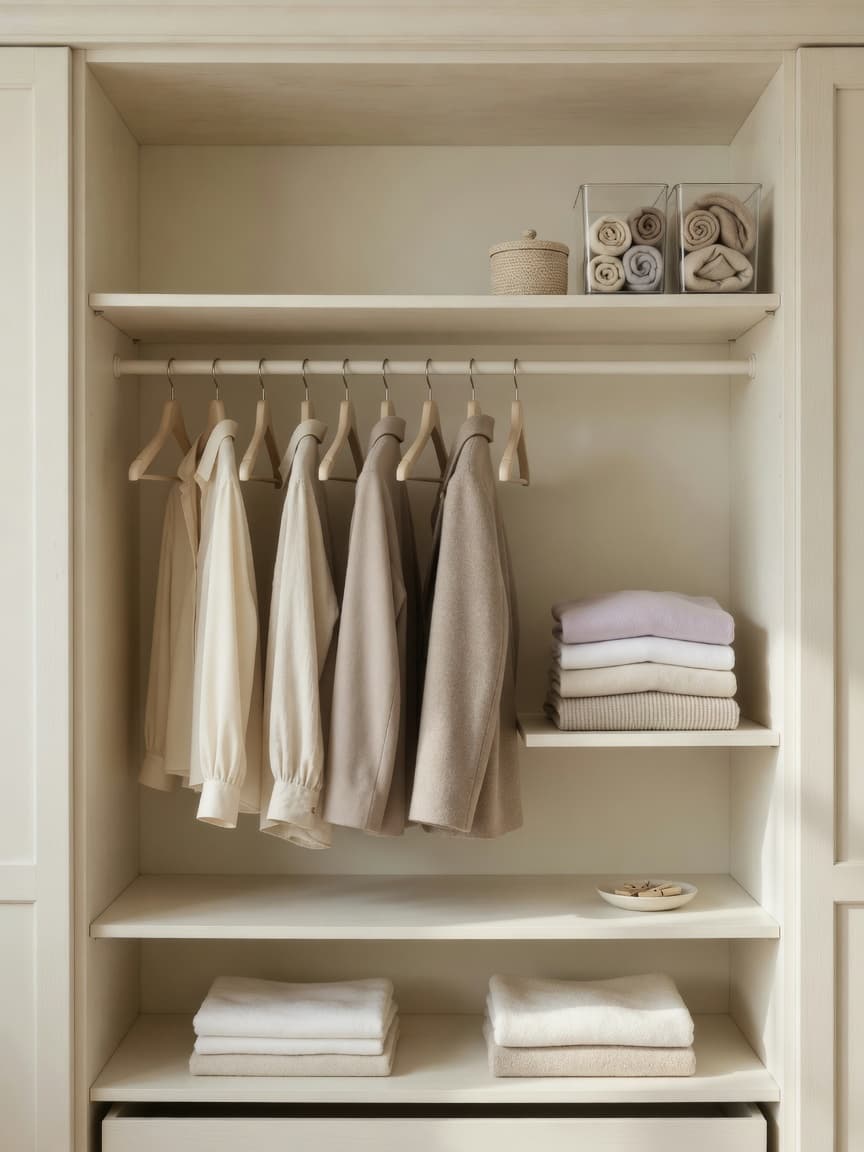 Organized closet after decluttering with breathing room on rod and shelves