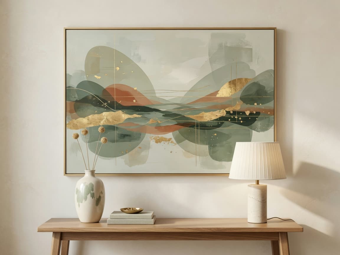 Artwork centered at eye level above a console table