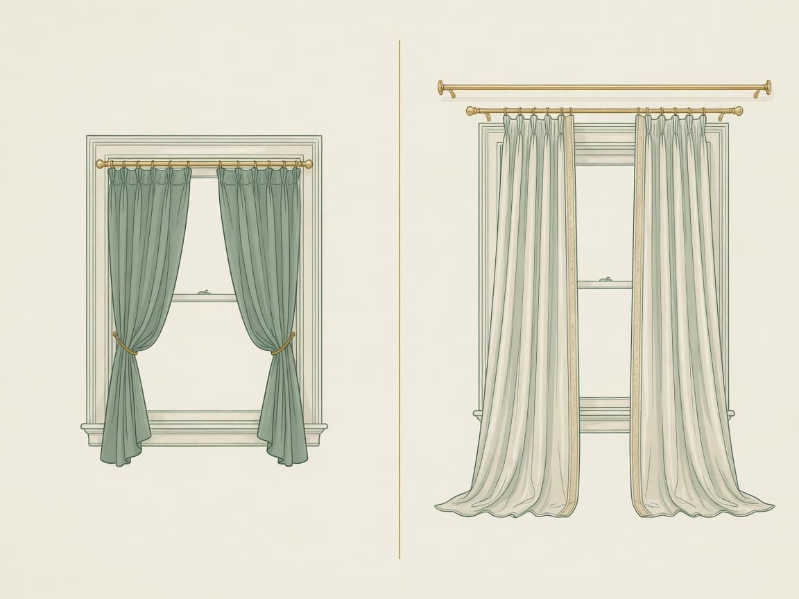 Curtain rod height comparison showing low hang versus high and wide drapes