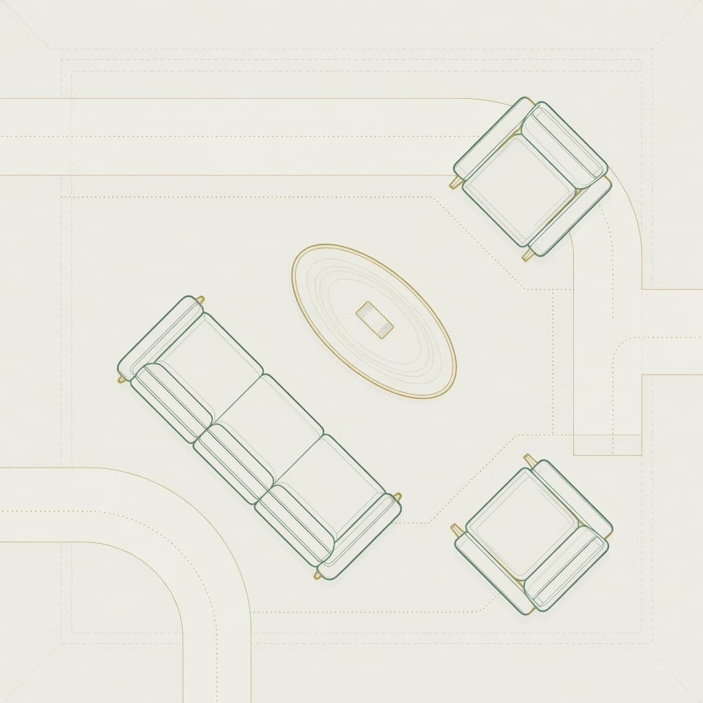 Overhead furniture layout showing a conversation group floating off the walls