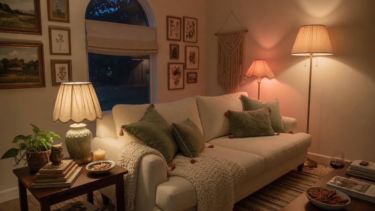 Living room evening scene with warm layered lamps instead of cool overhead light only