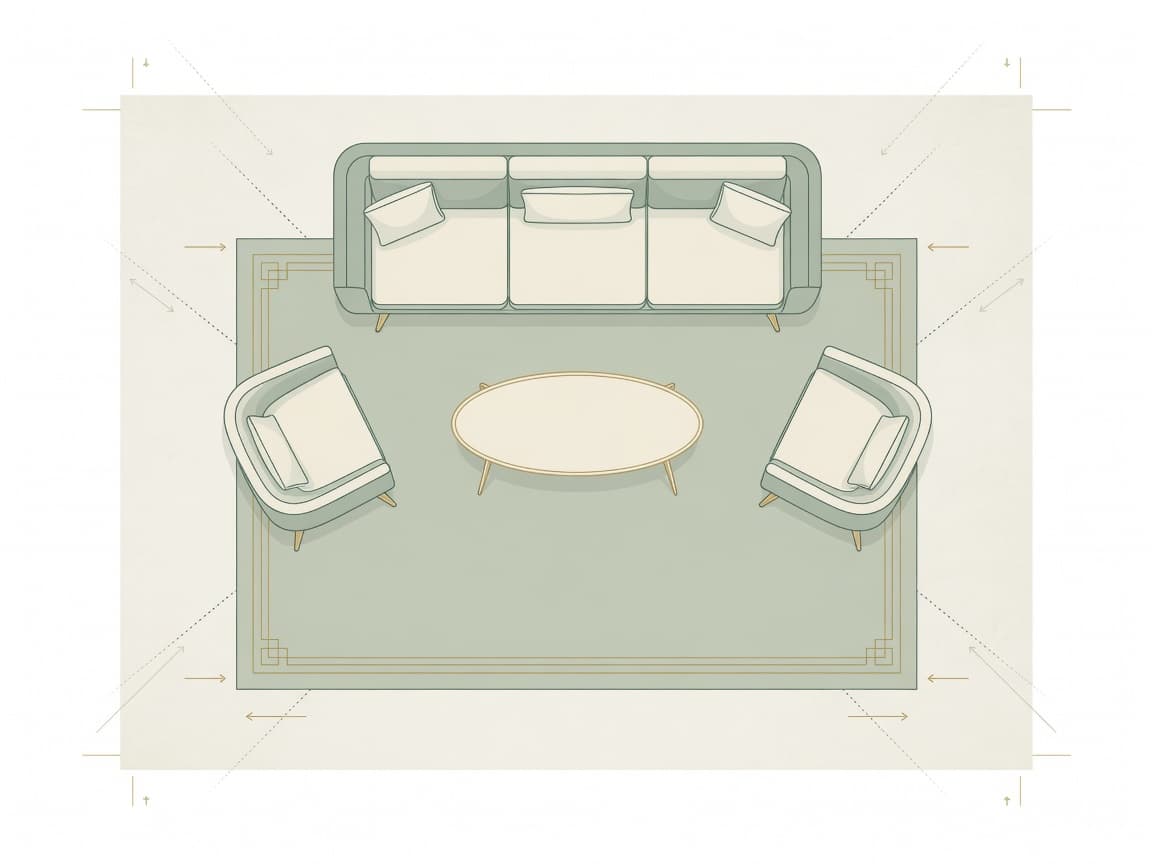Overhead-style living room rug sizing diagram with seating on a large rug