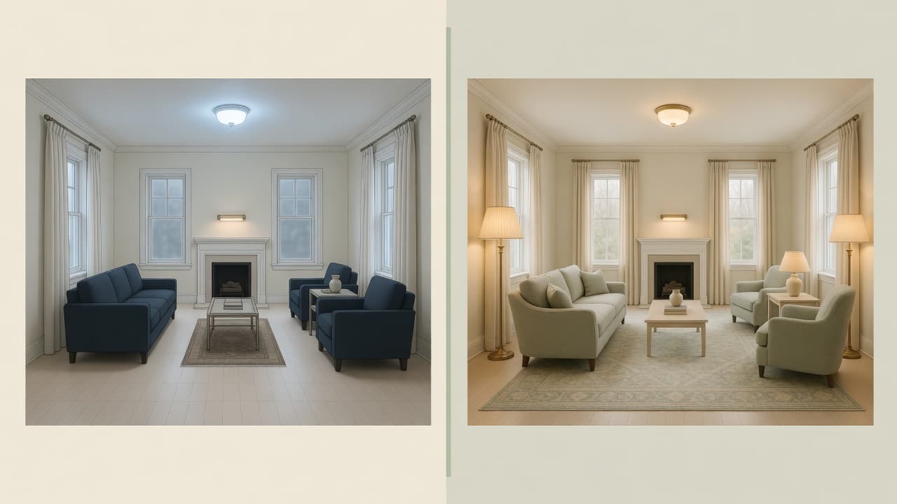 Side-by-side living room comparison showing common decorating mistakes versus a finished layout