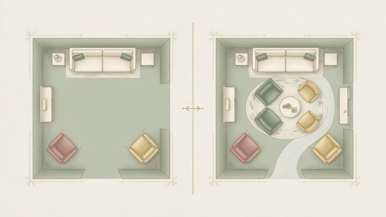Wrong versus correct living room furniture layout from above