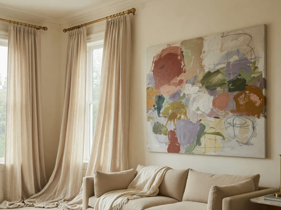Floor-to-ceiling curtains hung high and wide with oversized art above a sofa