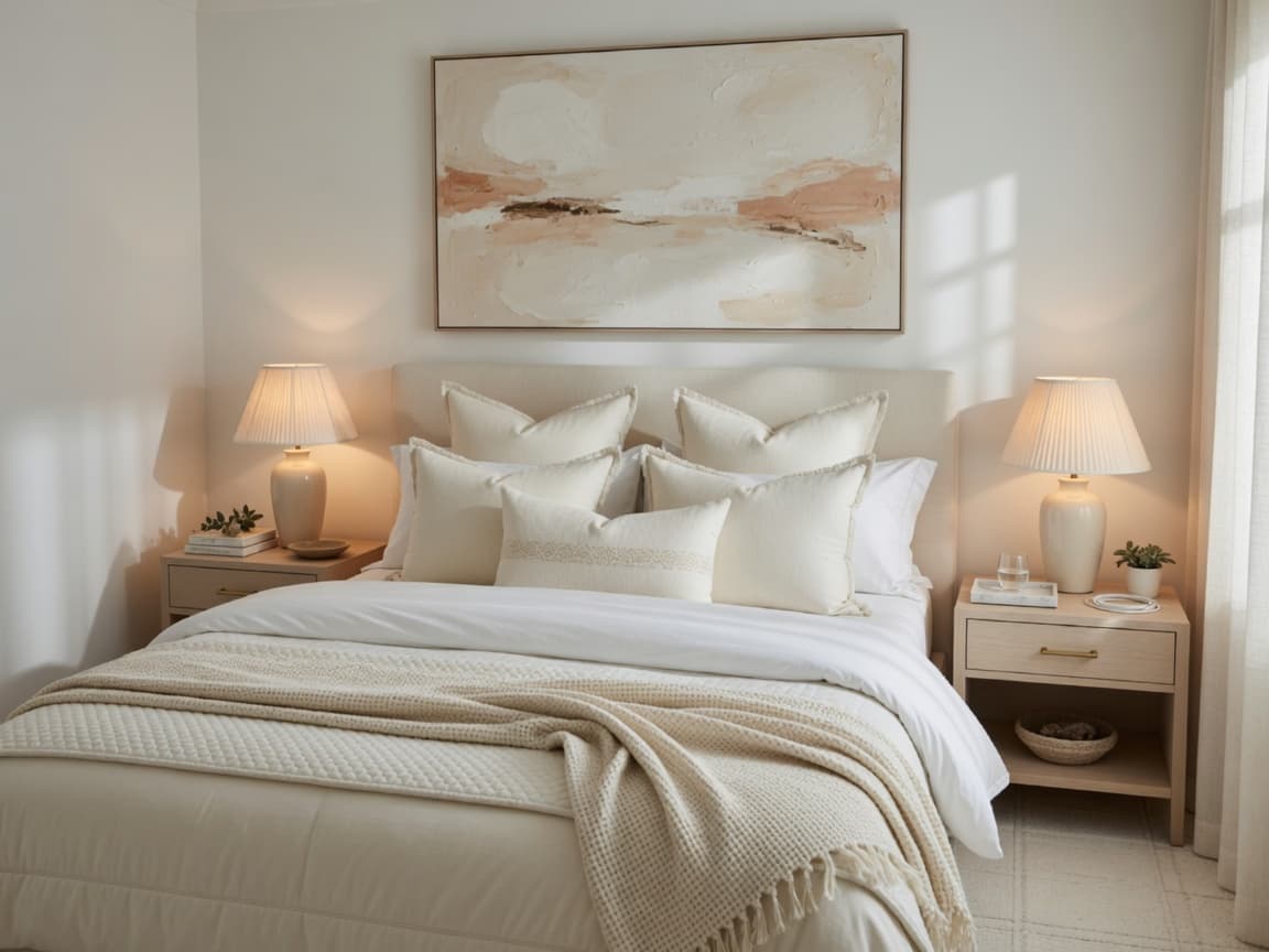 Hotel-style layered bed with euro shams, textured throw, and warm nightstand lamps