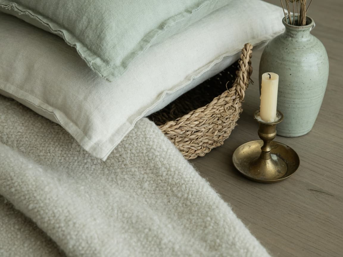 Close-up of layered luxury textures including linen, wool, ceramic, wood, and brass