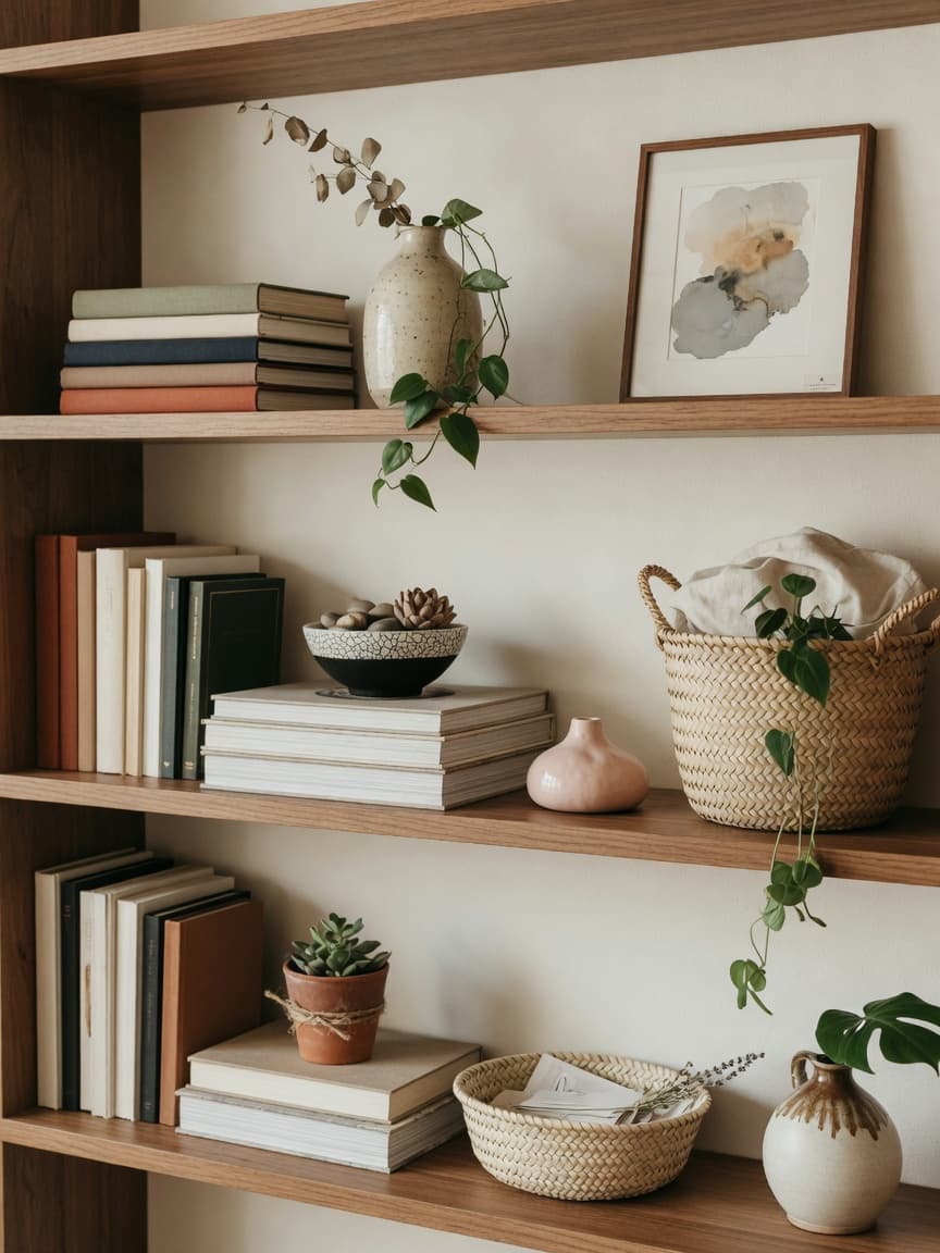 Editorial styled bookshelf with layered books, ceramics, and intentional empty space