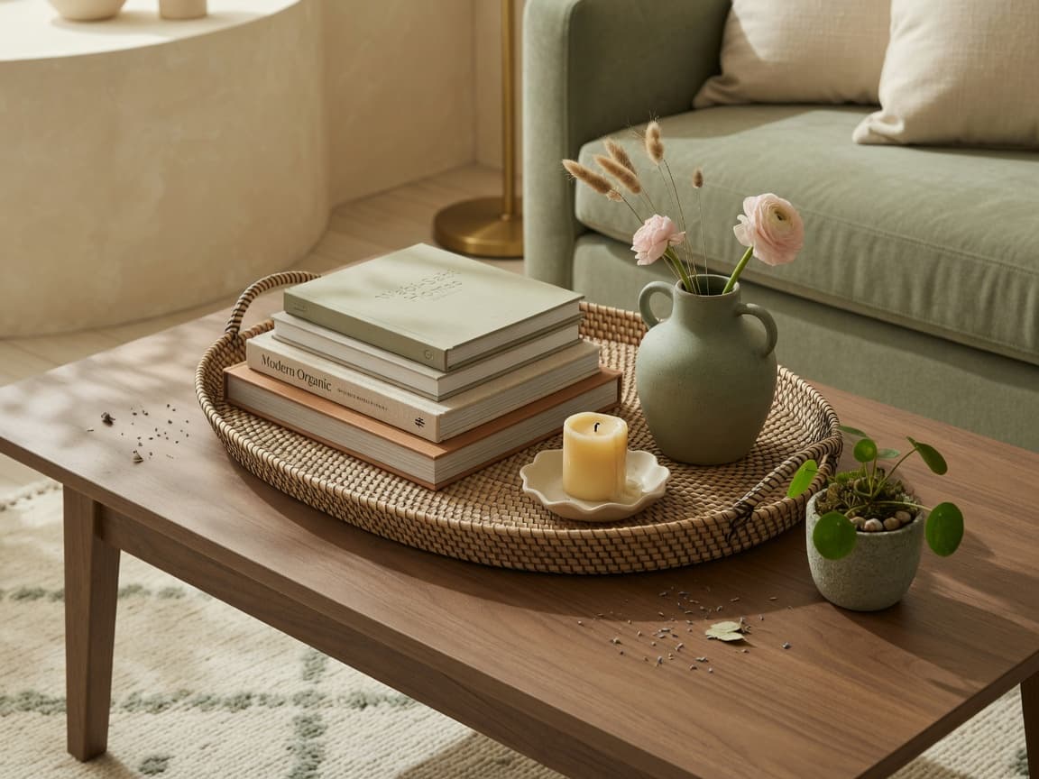 Styled coffee table with tray, design books, candle, and plant on a warm wood surface