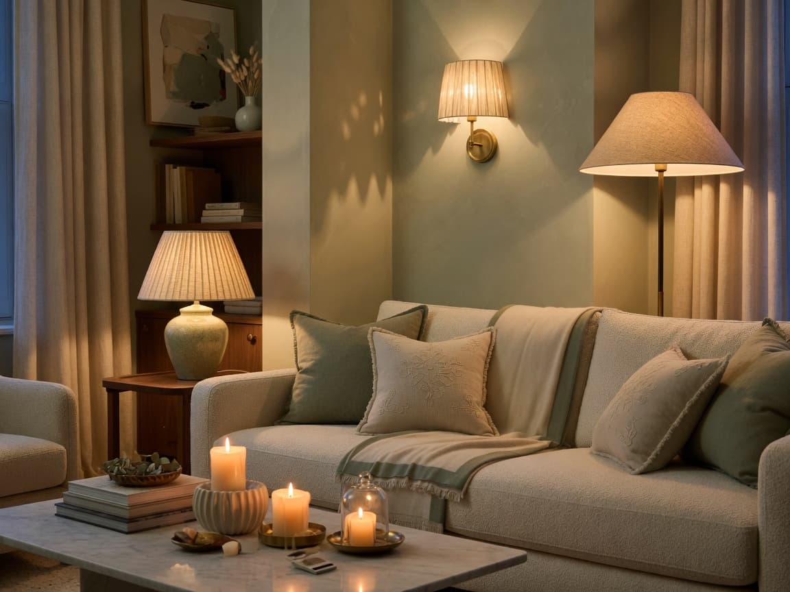 Living room evening lighting with warm table lamps, floor lamp, and soft accent glow