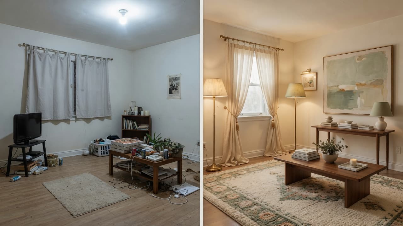 Before and after living room styling showing cluttered cheap cues versus a polished luxury look