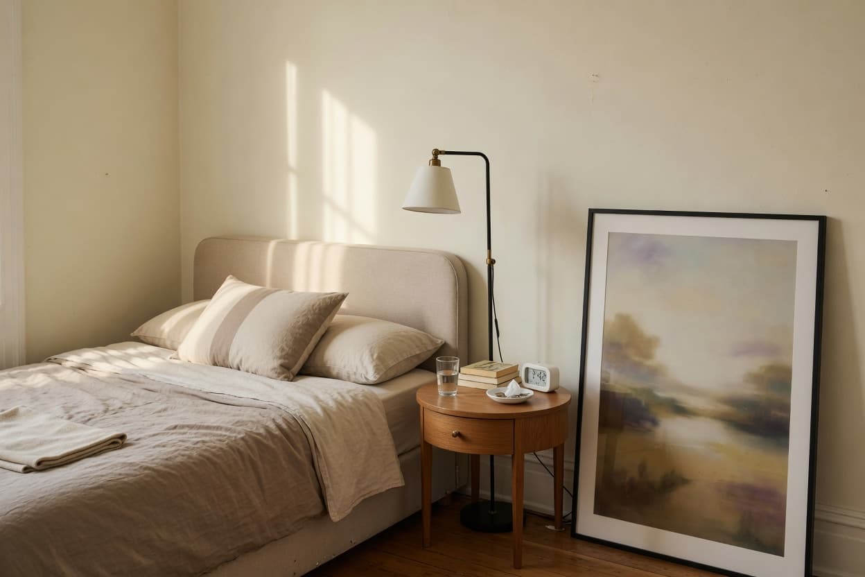 Rental bedroom with linen bedding and a large framed print leaning beside a wood nightstand