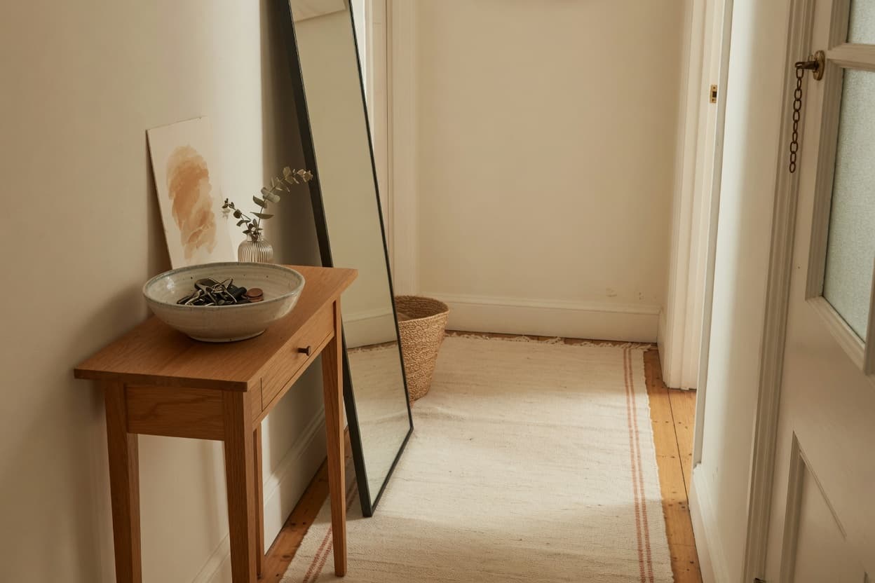 Rental entryway with an oak console, ceramic key bowl, small leaning art, and a tall floor mirror