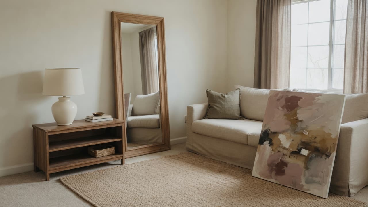 Unframed abstract canvas leaning beside a beige sofa in a rental living room