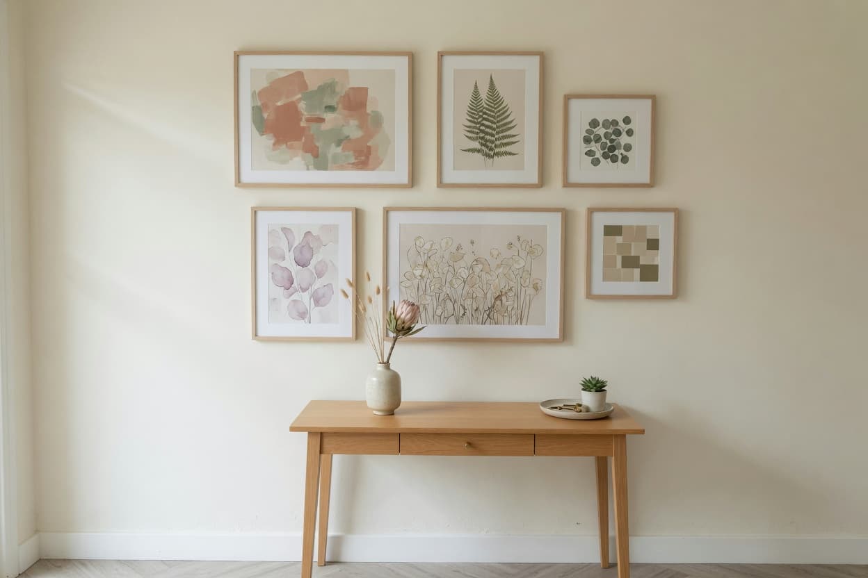 Lightweight wood-framed gallery wall above an oak console in a rental hallway