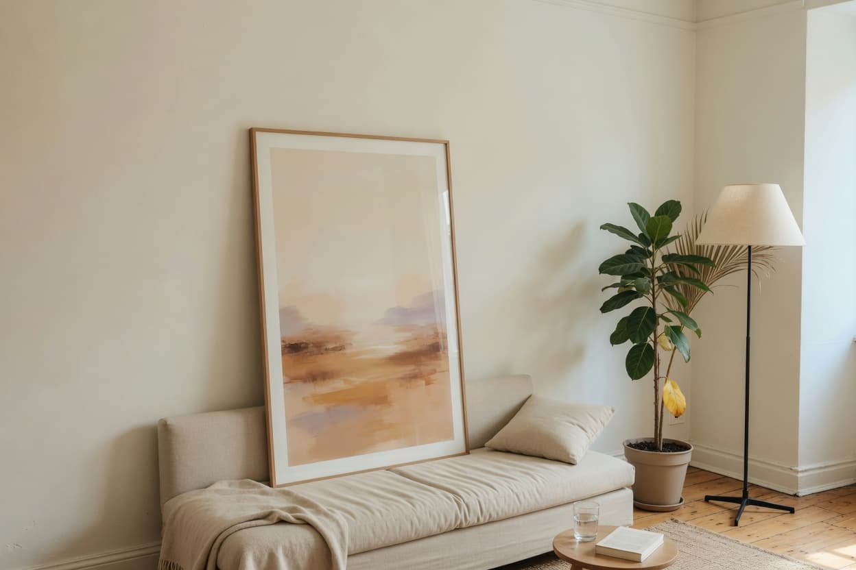 Small apartment corner with one large leaning artwork, a slim sofa, a plant, and empty wall around the art