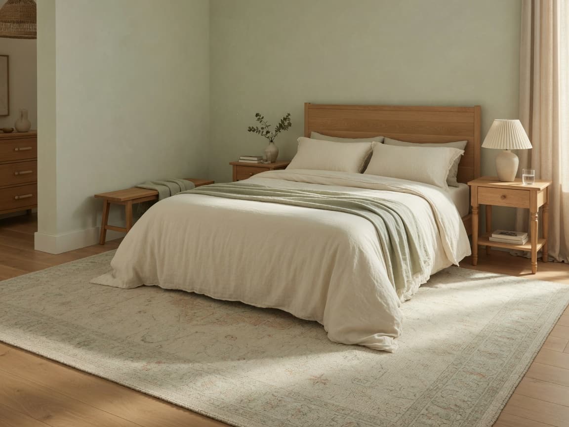 Bedroom with a properly scaled rug under and around the bed