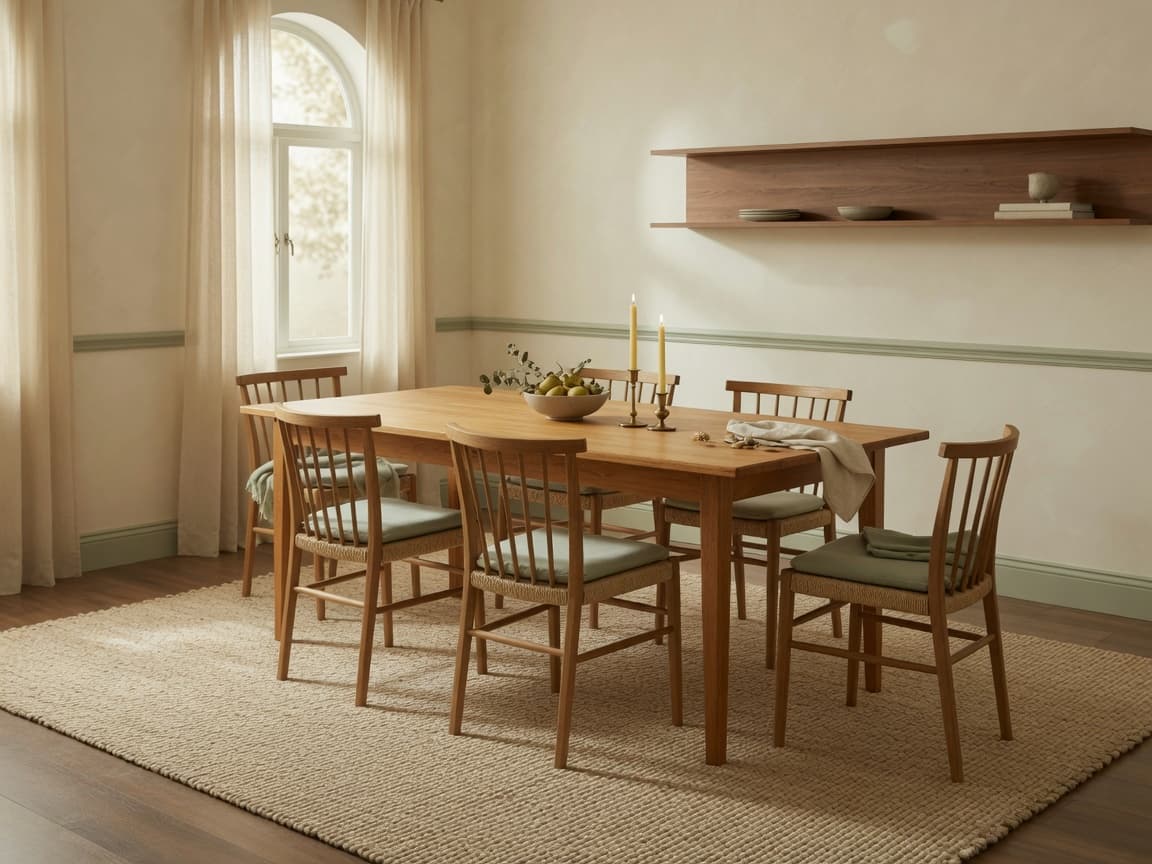 Dining table and chairs fully on a large rug