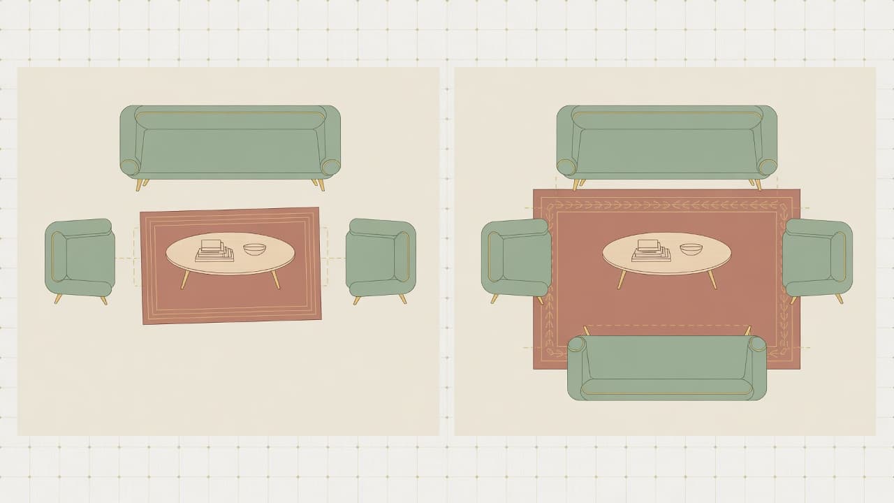 Wrong versus correct living room rug placement from above