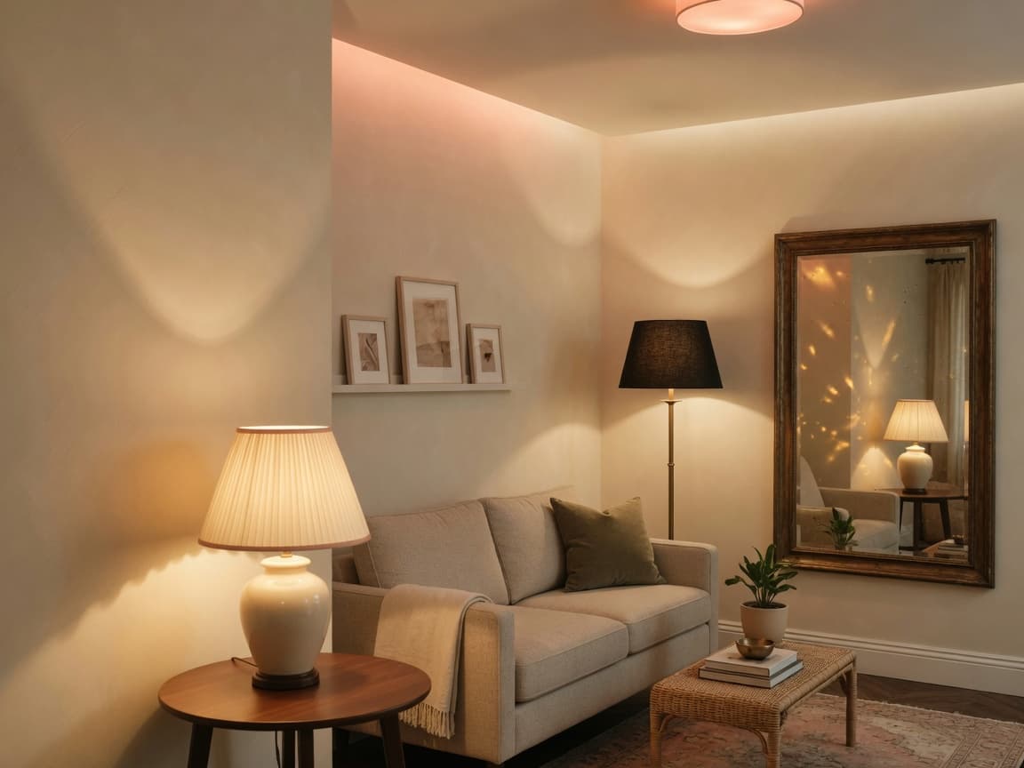 Small apartment living room with warm layered lamps at evening