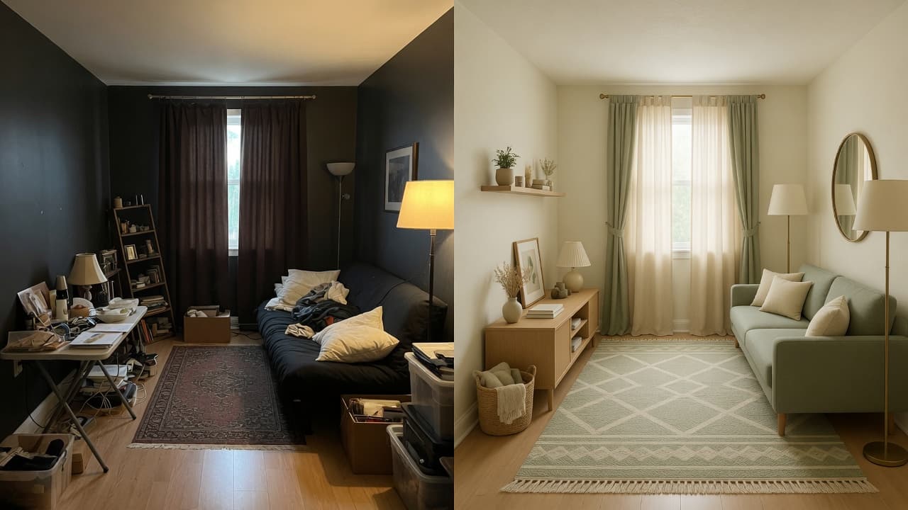 Before and after small apartment living room showing cluttered cramped cues versus open light styling