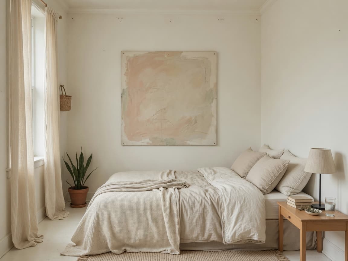 Rental-friendly small bedroom with high curtains, layered bedding, and warm lamp light