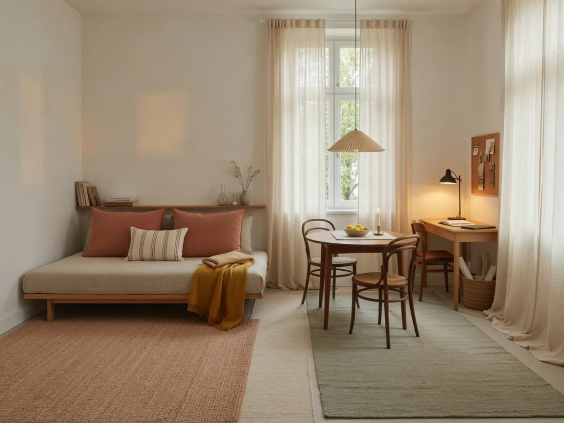 Styled studio apartment with soft zones and continuous light palette
