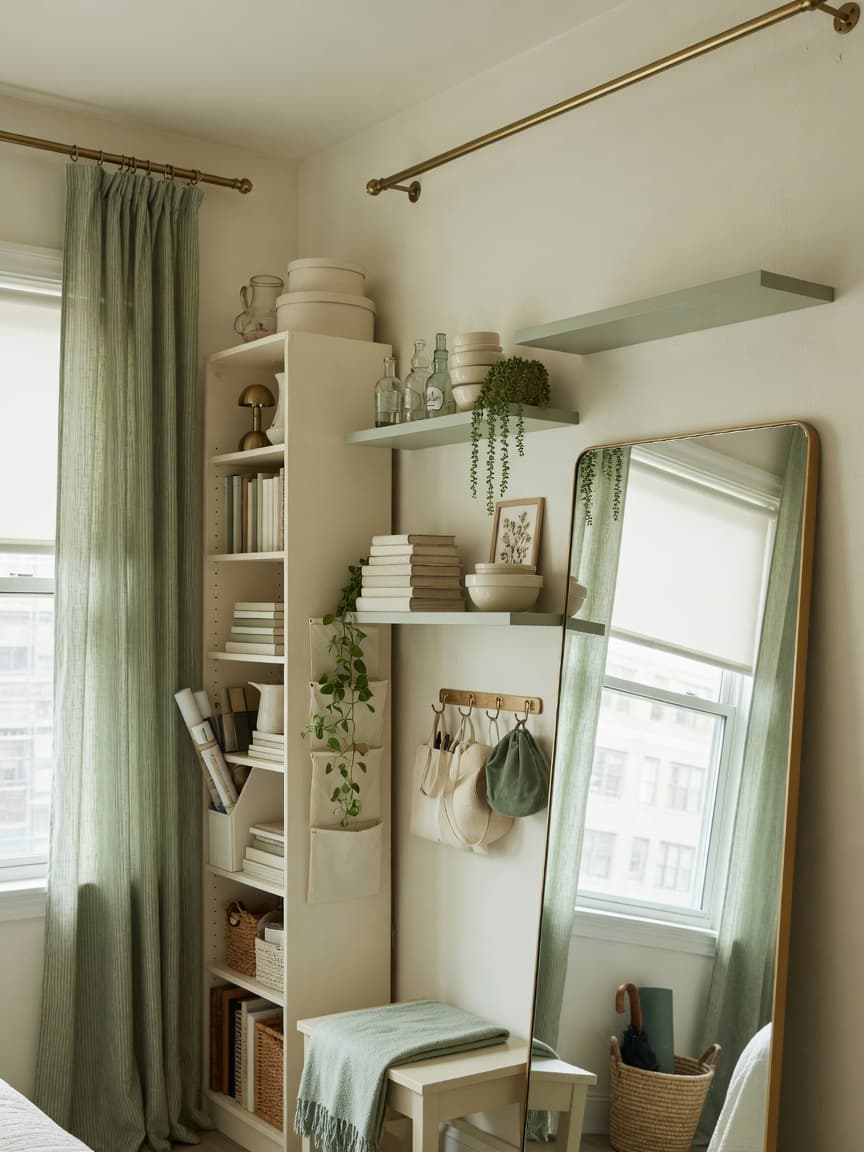 Small apartment corner with tall shelving, floating shelves, and a large light-bouncing mirror