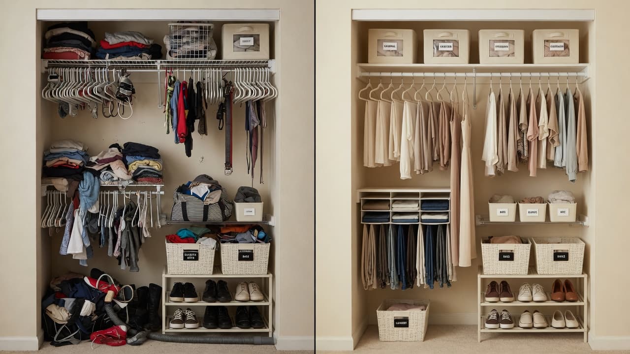 Before and after closet organization in a small apartment