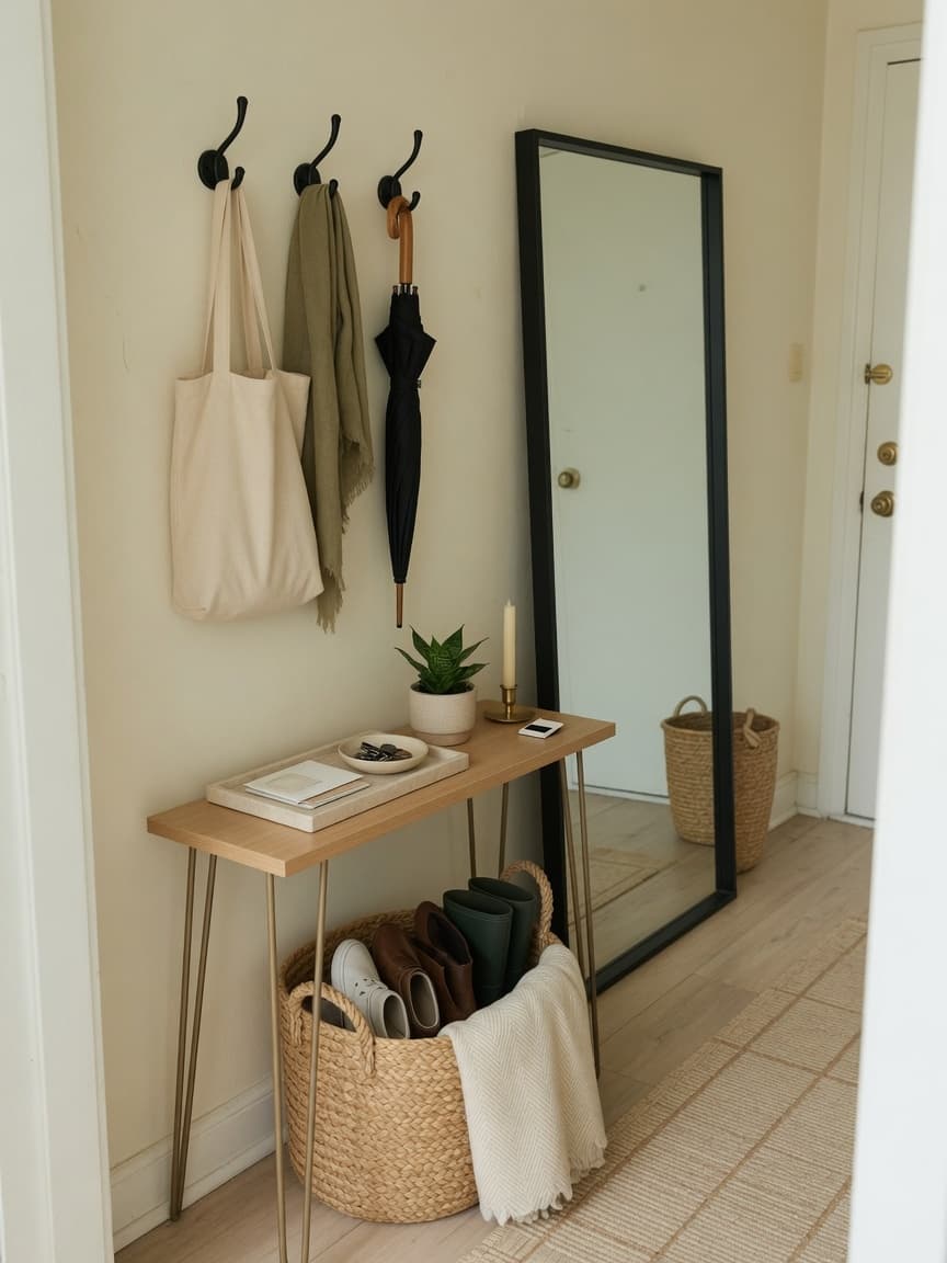 Organized apartment entryway with hooks tray basket and mirror