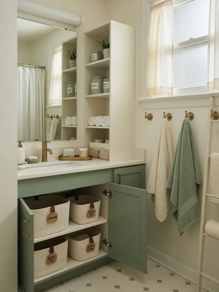 Organized small bathroom with vertical storage and labeled baskets