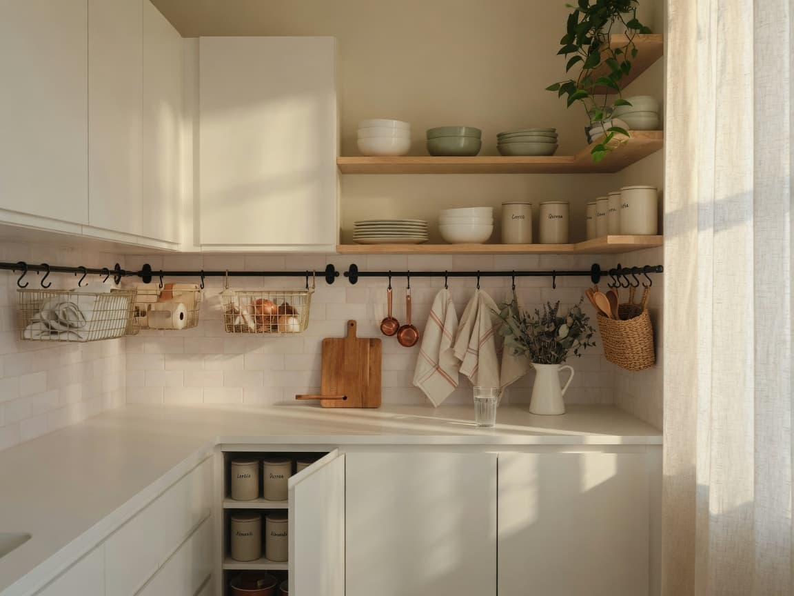 Organized small apartment kitchen with clear counters and labeled storage