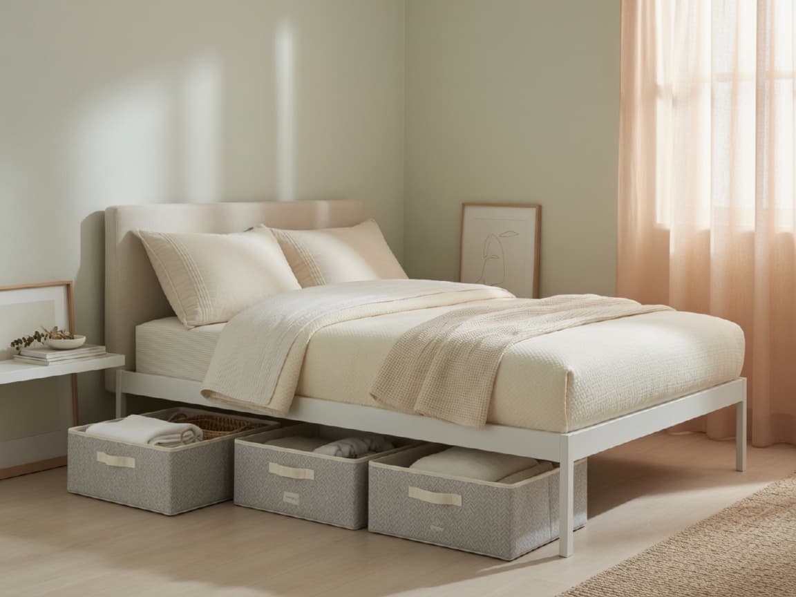 Neat under-bed storage bins in a calm small bedroom