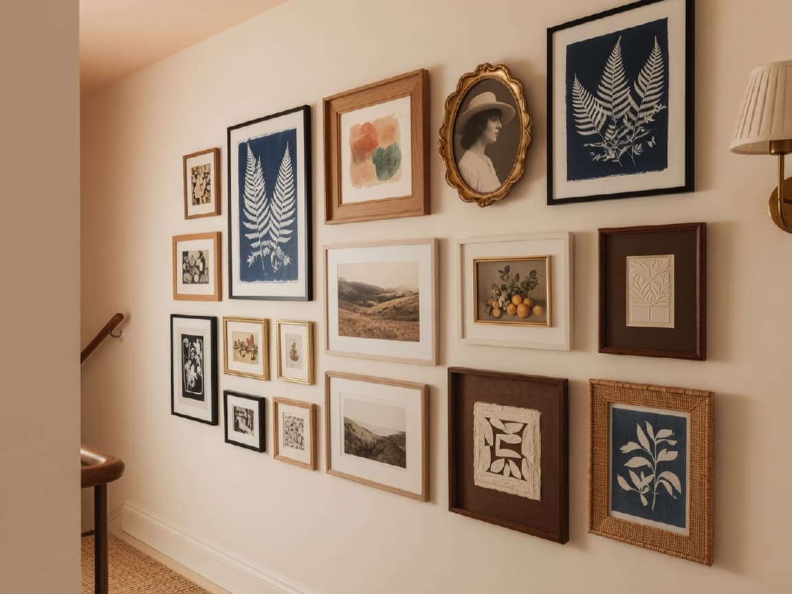 Hallway gallery wall with even frame spacing