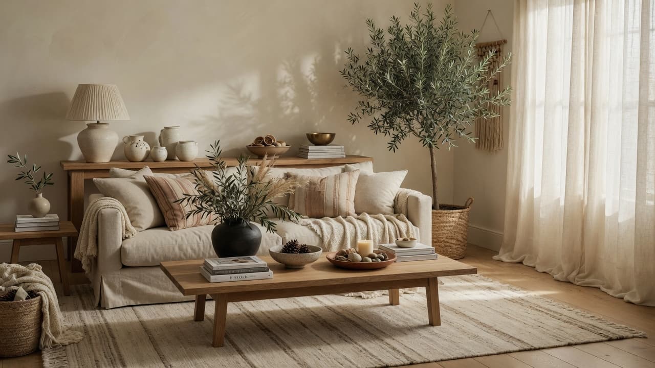 Elegant living room with warm neutral tones and curated decor